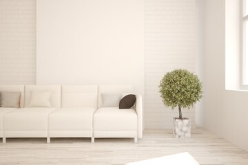 White stylish minimalist room with sofa. Scandinavian interior design. 3D illustration
