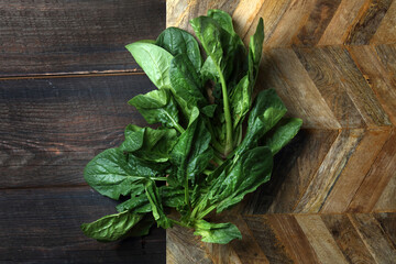 Obraz na płótnie Canvas Bunch of fresh spinach on a wooden board