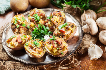 Baked potatoes stuffed with bacon, mushrooms and cheese