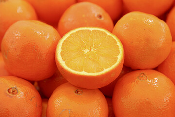 Juicy oranges in the stock of grocery