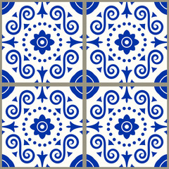 Seamless Damask pattern. Majolica pottery tile, blue, brown and gray azulejo, original traditional Portuguese and Spain decor. Seamless tile with Islam, Arabic, Indian, Ottoman motifs