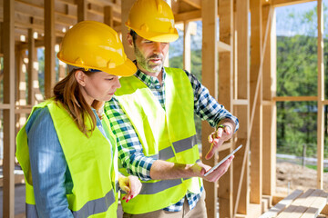 Engineers working on construction site holding blueprints of wood frame house