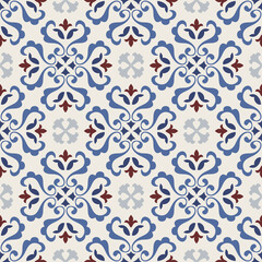 Seamless Damask pattern. Majolica pottery tile, blue, white azulejo, original traditional Portuguese and Spain decor. Seamless pattern with Victorian motives. Vector illustration.