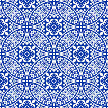 Majolica pottery tile, blue and white azulejo, original traditional Portuguese and Spain decor. Seamless patchwork tile with Victorian motives. Vector illustration.
