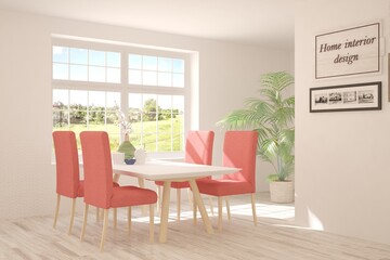 Fototapeta na wymiar White dinner room with green landscape in window. Scandinavian interior design. 3D illustration