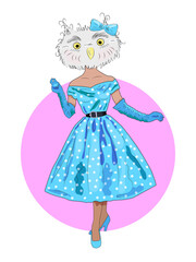 cute owl hipster girl, furry art illustration, fashion animals