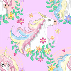 seamless pattern with cute unicorns, clouds,rainbow and stars. Magic background with little unicorns.