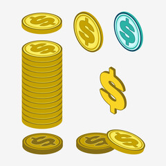 Set of dollar coins in yellow and green on a white background. Separate coins and stack. Vector illustration