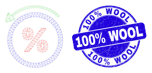 Web mesh percent back icon and 100% Wool stamp. Blue vector rounded grunge stamp with 100% Wool message. Abstract carcass mesh polygonal model created from percent back icon.