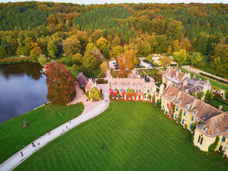 Scenic aerial view of Abbaye des Vaux-de-Cernay, a Cistercian monastery in northern France