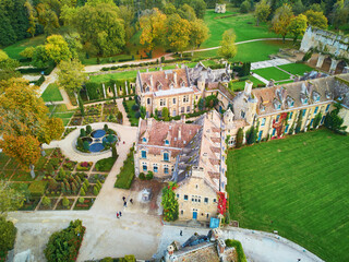 Scenic aerial view of Abbaye des Vaux-de-Cernay, a Cistercian monastery in northern France