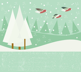 Seamless Christmas background with decorative Christmas trees, with winter forest and birds