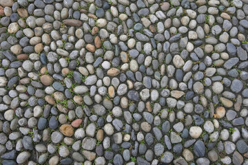 Background pattern and cobblestone structure of round slightly colored stones, with blades of grass in between