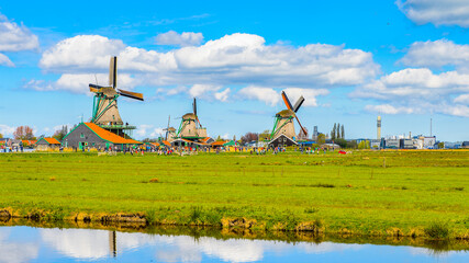 Fototapeta premium It's Windmills of Zaanse Schans, quiet village in Netherlands, province North Holland