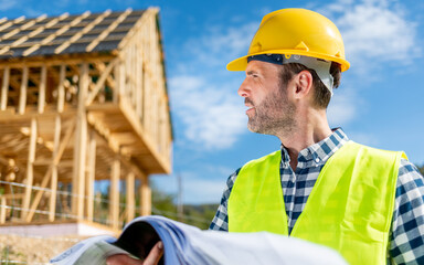 Construction engineer or architect control a construction site of wood frame house