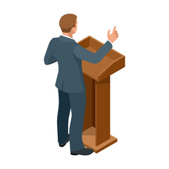 Isometric businessman isolated on write. Creating an office worker character, cartoon people. Business people. Tribune or pulpit for speaker official, president or professor.
