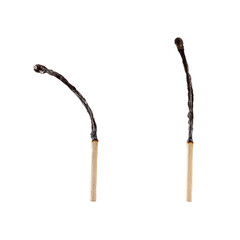 Two burnt matches closeup on a white background. Isolated blank for design.