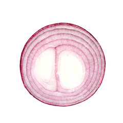 Sliced cross section of red onion isolated on a white background. Close-up. Top view.