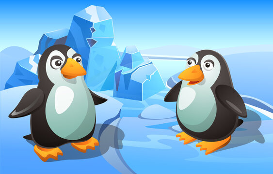Penguins in the ice desert among the snows. Vector illustration.