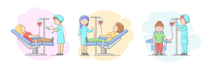 Concept Of Blood Transfusion. Set Of Scenes With People Donating Blood In Hospital. Male And Female Characters Sitting On Armchair Under Drip. Cartoon Linear Outline Flat Style. Vector Illustration