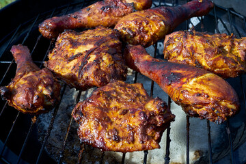 Fresh pieces of chicken curry on the grill