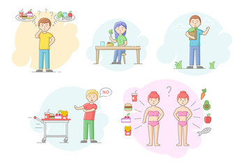 Concept Of Good Nutrition. Causes and Consequences Of Unhealthy Eating. Male And Female Characters Eating Healthy Food And Refusing From Fast Food. Cartoon Linear Outline Flat Vector Illustration