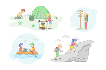 Camping Tourism Concept. Set Of Scenes With Tourists. Male And Female Characters With Backpacks Go Hiking, Boating, Cooking Food On Fire, Tent. Cartoon Linear Outline Flat Style. Vector Illustration