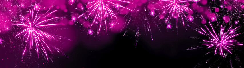 Silvester background banner panorama long- Pink firework and pink bokeh lights on rustic dark black...