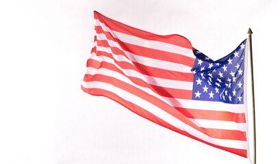 Obraz premium USA flag flying in the wind isolated on white background