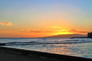 Tropical Beach at sunset , Waikiki, Hawaii