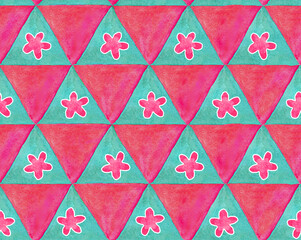 Triangles seamless pattern multicolored background. Watercolor and photo for wrapper, cloth, fabric.