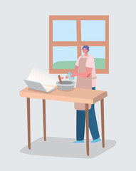 Man cartoon cooking on table with laptop and bowl design of Stay at home and activities theme Vector illustration