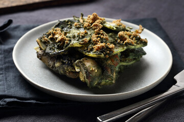 Vegan Lasagna with Mushrooms, Garlic, Beans, Bell Peppers, Smoked Tofu and Spirulina Cashew Sauce