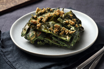 Vegan Lasagna with Mushrooms, Garlic, Beans, Bell Peppers, Smoked Tofu and Spirulina Cashew Sauce