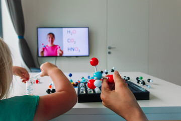 Kids learning remotely. Children having online chemistry lesson at home