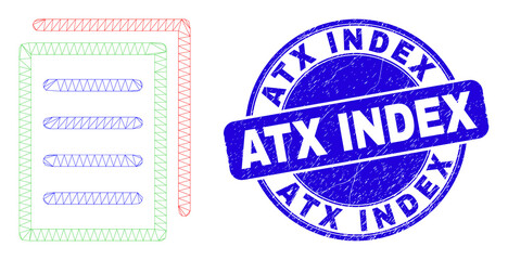 Obraz premium Web mesh list page pictogram and Atx Index seal. Blue vector round textured stamp with Atx Index phrase. Abstract carcass mesh polygonal model created from list page pictogram.