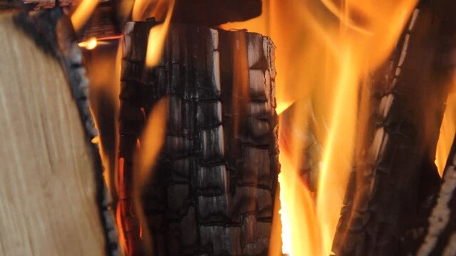 Closeup of firewood burning in fire