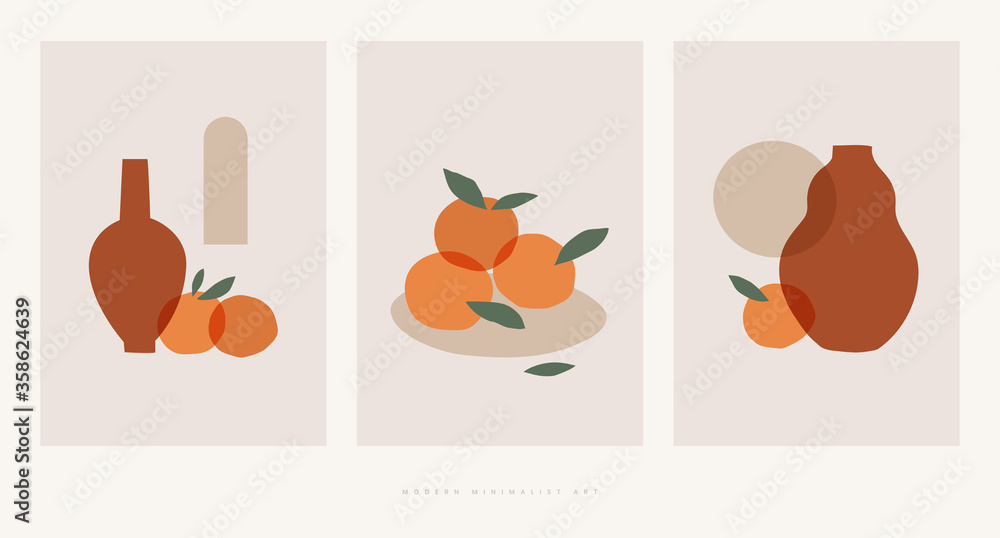 Poster set of abstract compositions with oranges and vases for home decor, greeting card designs, invitatio