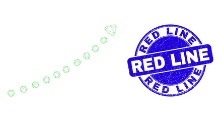 Web mesh dotted up trend arrow pictogram and Red Line seal stamp. Blue vector round scratched seal stamp with Red Line message.