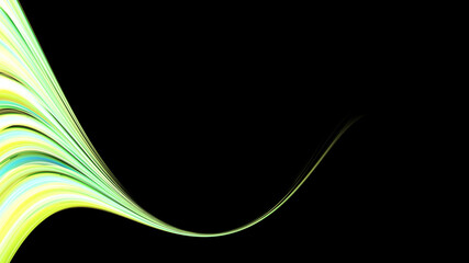 Beautiful bright yellow green abstract energetic magical cosmic fiery texture of lines and stripes, waves, flames with curves turning into infinity on a black background. Copy space. Vector