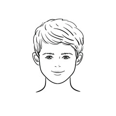 Little handsome short-haired boy.  Happy cartoon boy head outlines. Vector illustration isolated on white background. Concept for hairdresser.