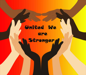 
Ilustraci&oacute;n para inclusi&oacute;n, manos de diferentes grupos &eacute;tnicos, formando un coraz&oacute;n, con la frase, unidos somos m&aacute;s fuertes, en el centro