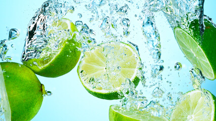 Fototapeta na wymiar Freeze Motion Shot of Fresh Limes Falling Into Water Isolated on White Background.