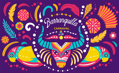 Obraz na płótnie Canvas Colorful poster for the Colombian Barranquilla Carnival steeped in folklore and one of the largest in the world, colored vector illustration