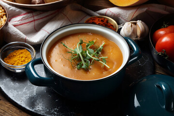 Potatoes, bell pepper, pumpkin, tomatoes, garlic, peas, turmeric, smoked paprika and chili flakes mashed soup