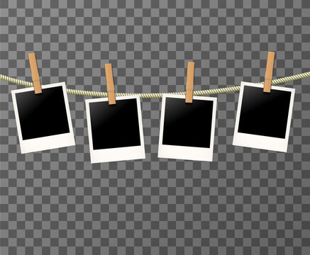 Set of Photo frames on the rope on the transparent background - vector illustration. Blank photos on the clothespin. EPS 10.
