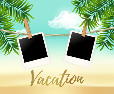 Summer two photo frames on the rope with summer sea and beach vacation - vector illustration. Blank polaroid photos on the clothespin with palm trees. Summer Hot background for your photo.