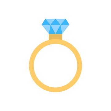 Engagement or wedding ring with diamond. Marriage proposal sign. Flat icon illustration.