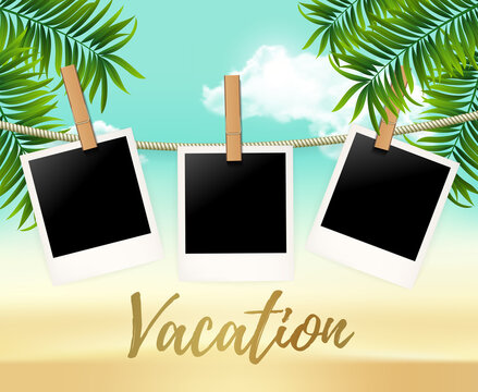 Summer three photo frames on the rope with summer sea and beach vacation - vector illustration. Blank polaroid photos on the clothespin with palm trees. Summer Hot background for your photo.
