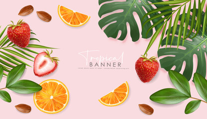 Realistic summer banner with fresh fruits and tropical leaves, hello summer, tropical card, strawberry, almond nuts and orange, vector illustration